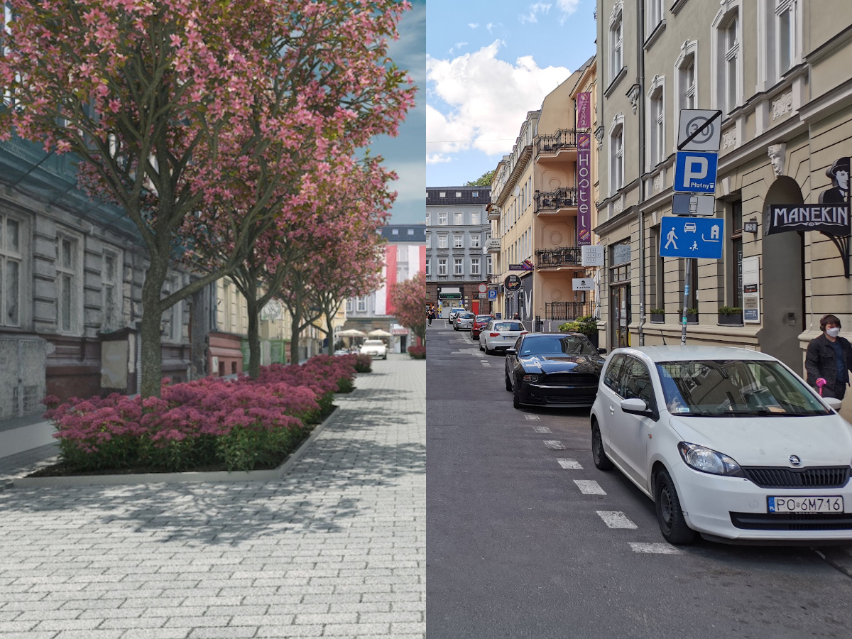 Ulica Kwiatowa dziś (po prawej) i po przebudowie (wizualizacja po lewej). Źródło wizualizacji: Poznańskie Inwestycje Miejskie