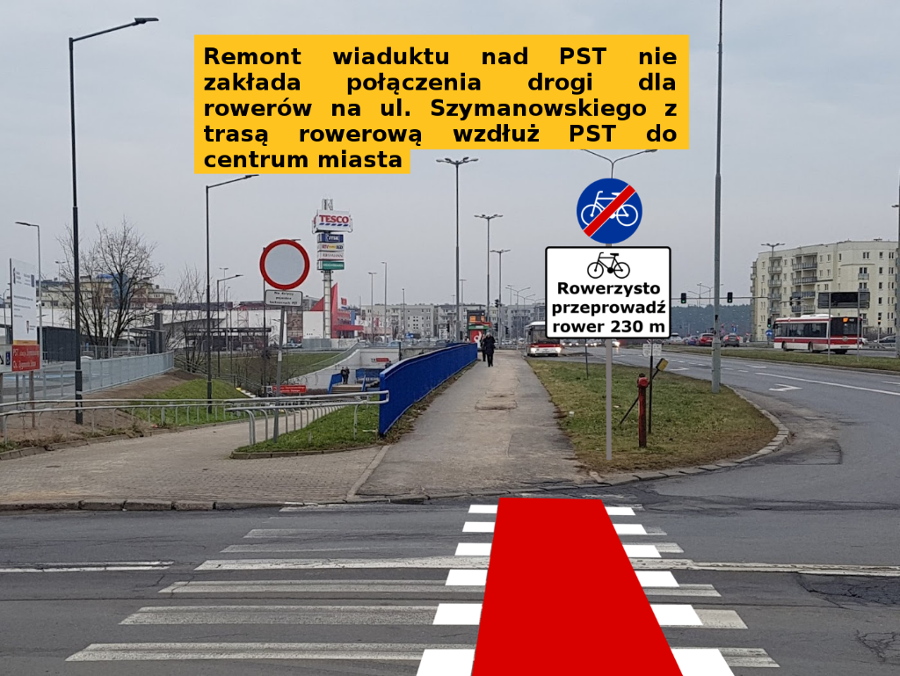 Poznań Rowerowy wiadukt PST Szymanowskiego zakaz