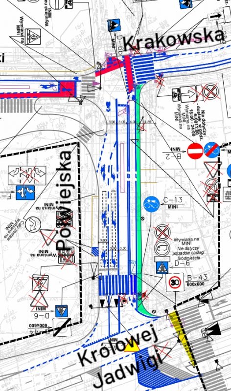 Projekt strefy Tempo 30 z 2017 roku: rezerwa na poszerzenie chodnika na Półwiejskiej (na zielono) i szeroka "zebra" na przystanku tramwajowym (na żółto)