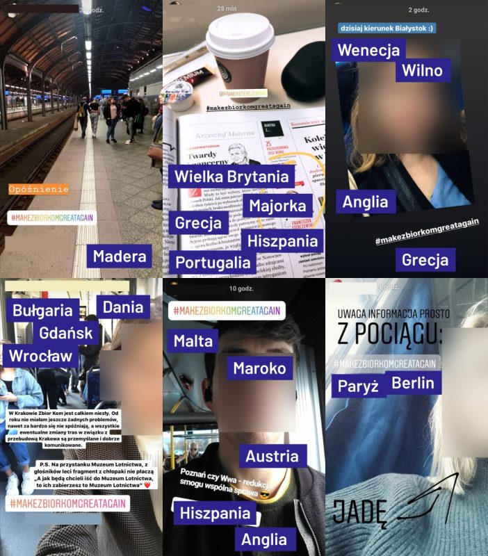 Sympatycy ekologicznego transportu na Instagramie: przy każdym z obrazków wpisano miejsca odwiedzone w ciągu ~2 lat, które zidentyfikowano na podstawie zdjęć w serwisie