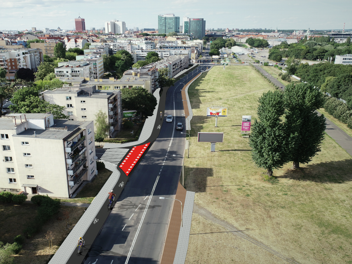 Wizualizacja drogi rowerowej w ulicy Dolna Wilda. Źródło: Poznańskie Inwestycje Miejskie