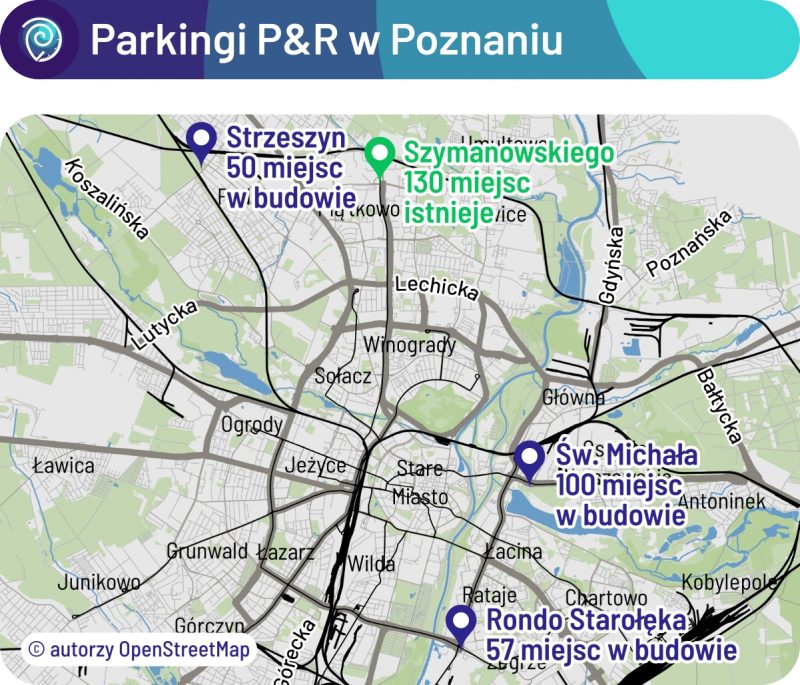 Istniejący i planowane parkingi Park&Ride w Poznaniu. Mapa