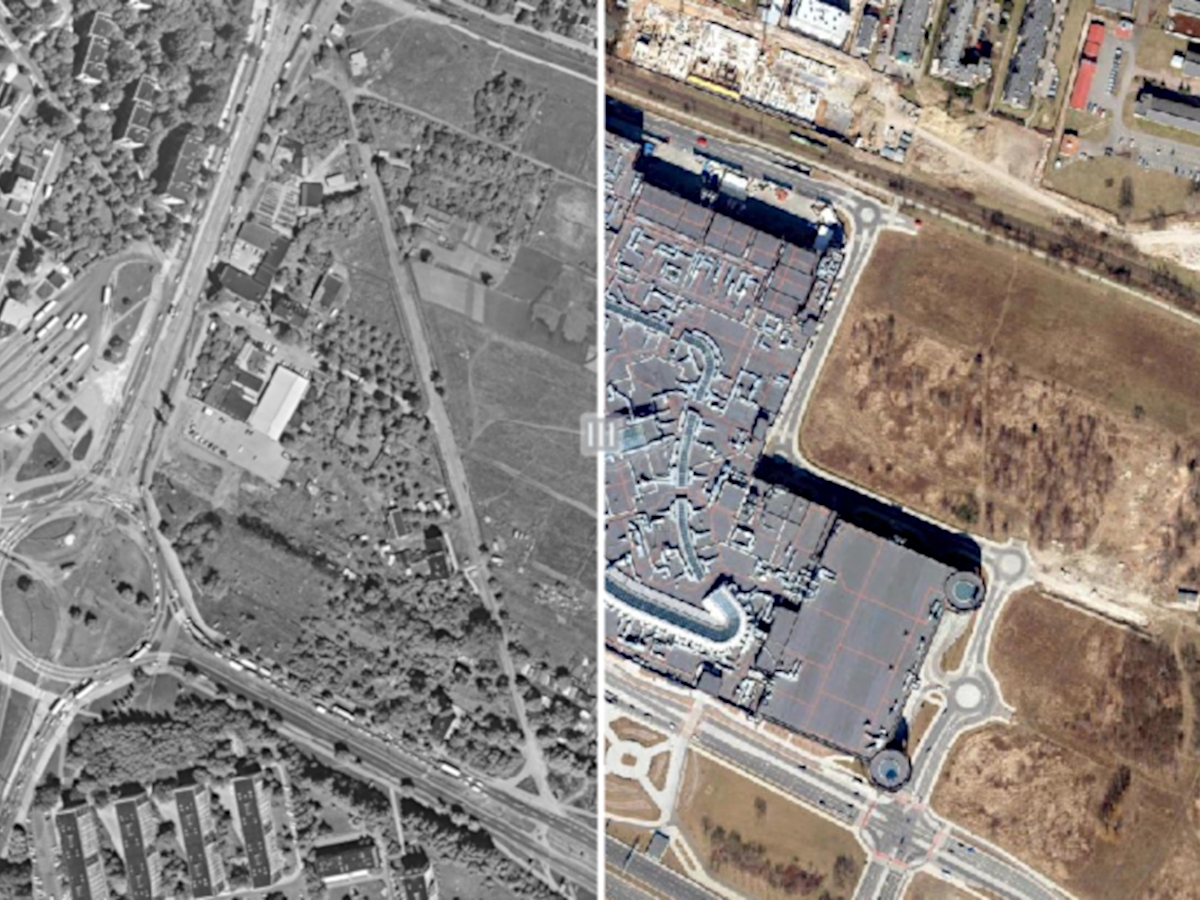 Porównanie 1995-2018: okolice Ronda Rataje, Łacina, teren dzisiejszego CH Posnania. Fot. GEOPOZ