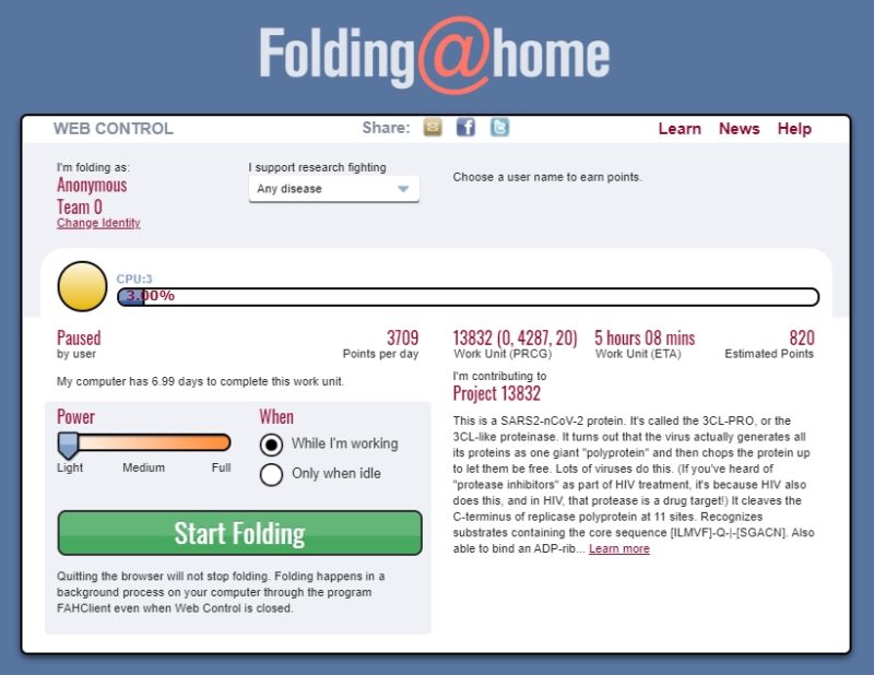 Główne okno programu Folding@home