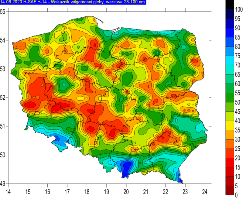 Wskaźnik wilgotności gleby w Polsce w warstwie 28-100 cm. Im bardziej czerwono, tym bardziej sucho. Źródło: IMGW-PIB