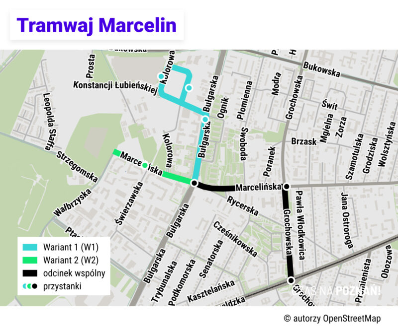 Mapa dwóch wariantów przebiegu tramwaju na Marcelin. Pamiętaj: w konsultacjach możesz zaproponować własny wariant