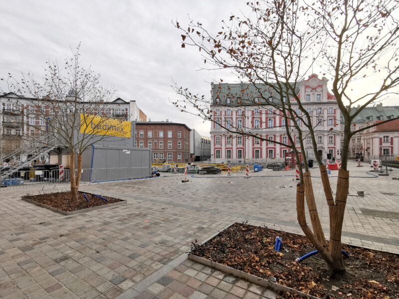 Widok z ulicy Ślusarskiej. Plac Kolegiacki, rewitalizacja śródmieścia Poznania