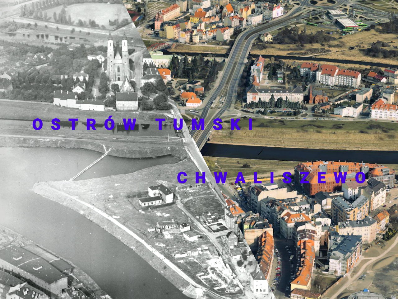 Chwaliszewo i Warta, w tle Ostrów Tumski. Zdjęcie z ~1960 roku i 2015. Źródło: CYRYL, Google Earth