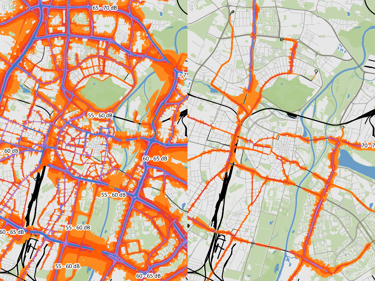 Imisja hałasu drogowego (z lewej) i tramwajowego (z prawej) w Poznaniu w 2017 roku. Źródło: Geopoz, OpenStreetMap